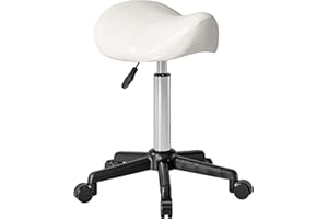 HOMCOM Tabouret à roulettes, tabouret de massage avec hauteur réglable 45-57 cm et selle ergonomique, chaise de travail à roulettes pivotant 360°, pour salon de massage, tatouage, clinique, spa, blanc