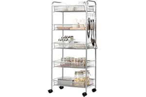 ‎GOPLUS GOPLUS 5-stöckiger Servierwagen mit Rollen, Küchenwagen mit Haken & 2 Bremsen, Aufbewahrungswagen aus Metall, Allzweckwagen Badwagen Rollwagen für Badezimmer, Küche, 42,5 x 26 x 104 cm (Grau)