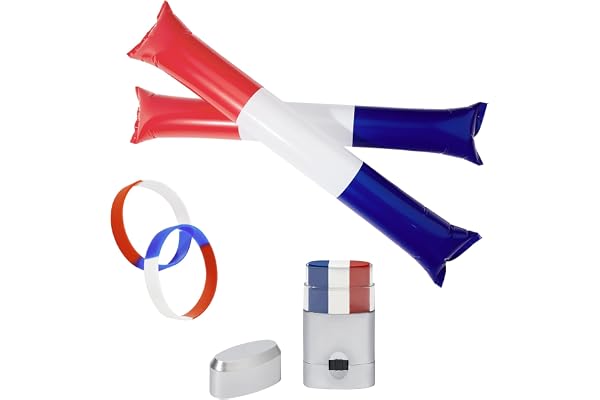 Century Star Grand paquet de supporter de France pour l'Euro 2024 | 7 pièces | perruque, capuche, drapeau français, bâton gonflable, lunettes de soleil décoratives