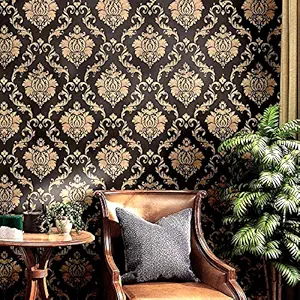Wolpin Wall Stickers DIY Wallpaper (45 cm x 10 m) Black Damask Luxury Self Adhesive Decals Living Room Bedroom Decoration, Black