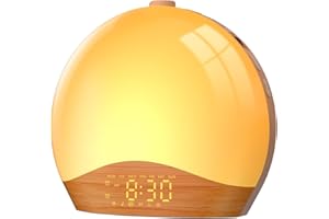 LIORQUE Radio Réveil Lumineux avec Eveil Lumière, Reveil Simulateur d'Aube sur Lampe de Chevet LED, Fonction Bluetooth, 20 Niveaux de Luminosité, 22 Sons, 2 Alarmes, Mode Week-End
