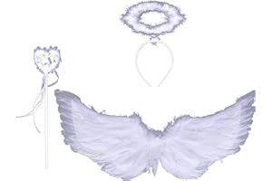 RONGZUBAT Weiße Engelsflügel und Heiligenschein, 60*30 cm Federflügel Engels-Heiligenschein-Stirnband, weiße Engelsflügel, gefallene Engelsflügel Kostüm für Erwachsene Frauen Kinder Engel Halloween Weihnachten
