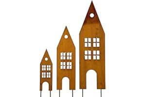 Polartreehome Rostige Gartenhäuser Pfahl Dekoration, 3er Set Patina Metallhaus, wetterbeständige Gartendekoration zum Einstecken für Garten, Terrasse, Balkon, Blumentopf, Außeneinsatz