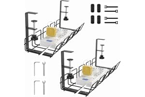 BestAlice 2 Pack Under Desk Cable Management Tray, No Drill Steel Desk Cable Organizers, Desk Cable Tray with Wire Organizer and Desk Cord Organizer, Fits Most Desk