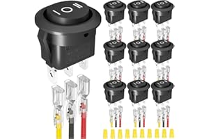 MKBKLLJY 10Pcs 2Way Round Rocker Switch 12V 3Pin 3Position ON/Off/ON 6A/250V AC 10A/125V DC SPDT 20mm Black Circle Toggle Switch with Terminal Wires for Auto Car Boat Household Appliance