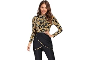 IMEKIS Damen Burkini Muslim Badeanzug Blume Bescheidene Bademode Islamisches Schwimmanzug Langarm Rash Guard Reißverschluss Badeoberteil mit Badehose Hijab 3tlg Tankini Set