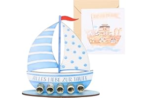 EOAMGO Taufgeschenke Jungen Und Mädchen, Persönliches Holz Segelboot Als Geschenk Zur Taufe, Mit Taufkarte, Geldgeschenk Idee, Einzigartiges Erinnerungsstück Zur Taufe (Blau)