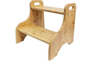 SEHAUSEU Sgabello per Bambini con 2 Gradini, Sgabello in Bambù, con Cuscinetti Antiscivolo e Maniglie Portatili, Capacità 80 kg, per Bagno, Cucina, Cameretta dei Bambini e Toilette Vasino Allenamento