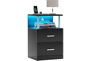 ‎AOGLLATI AOGLLATI Bedside Table with Charging Station and LED Lights, Nightstand with Open Memory, 2 Drawers, 2 AC Outlets, 2 USB Ports, Modern Side Table for Bedroom (1, Black)