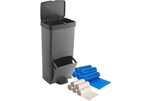 SP BERNER Pack Cubo de basura o reciclaje 70L, VERTICAL, 2 Compartimentos, Papelera residuos, 76 cm, fácil gestión, INCLUYE bolsas de basura adaptadas 5 rollos (75 bolsas) 30L + 5 rollos (75 bolsas) 10L