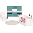 LUNDBY Dolls House Furniture Bathroom Set — Freestanding Bath + Sink Unit + Toilet + Mat + Towel — Doll House Accessories — 5 pieces — for 11cm Mini Dolls — Age 3+ 1:18