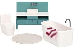 Lundby Puppenhaus Badezimmer Möbel - 5 teilig - Miniatur Toilette, Waschbecken, Teppich und Miniatur Badewanne - Toilette Puppenhaus Möbel Set - Puppenmöbel Puppenhaus Zubehör - 11cm Puppen 1:18