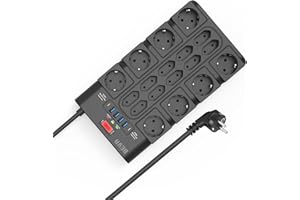 18 Prises Multiprise avec Interrupteur (3680W/16A) + 2100J Multiprises Parafoudre et Surtension + Câble 2M,BEVA Prise Multiple 4 USB-A +2 USB-C(15W), Prise Electrique avec Terre,Noir