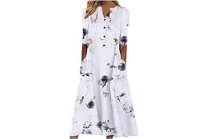 Chdirnely Long Dresses for Women UK Floral Printed V-Neck Short Sleeve Dress with Pockets Causal Button-Down Beach Dresses for Club Party Holiday Cocktail
