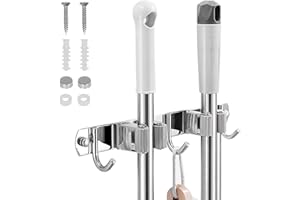 WHC Porta Scopa Parete e Portaspazzole, Portascopa e Portaspazzole da Muro con 2 Posti e 3 Ganci, Appendi Scopa da Muro in Acciaio Inossidabil Per Cucina, Bagno, Garage e Giardino, Grigio