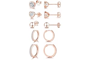 Ecripe 5 Paar 925 Sterling Silber Ohrringe Set für Frauen, 3 Paar Mini Ohrstecker 2 Paar Creolen mit Cubic Zirkonia, Hypoallergene Klein Knorpel Ohrringe für Mädchen