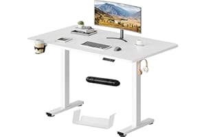 SANODESK Escritorio Elevable Eléctrico 110x54cm con Tablero Entero(con Gancho/Portabotellas), Standing Desk, Escritorio Ajustable en Altura con Tablero, Función de Memoria, para Trabajo/Hogar(Blanco)