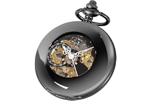 Tiong Montre de poche mécanique en bois de cuivre élégant avec cadran ouvert pour homme avec boîte à chaîne