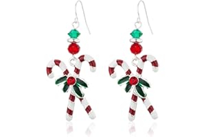 Futesheel Christmas Candy Cane Dangle Earrings for Women, Red & White Oil-Drop Design with Delicate Holly, Festive Gift for Her