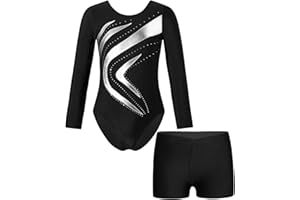 JanJean Kinder Mädchen Gymnastikanzug Glänzend Ballettanzug Langarm Turnanzug Ballett Trikot mit Kurze Hose Wettbewerb Tanzkostüm