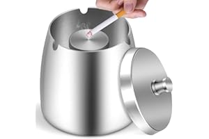 BRSINSE Aschenbecher, Aschenbecher mit Deckel (10×9×10cm), Edelstahl Aschenbecher für Draussen, Sturmaschenbecher als Windaschenbecher, Standaschenbecher mit Rutschfest Boden für Draußen und Innen (Silber)