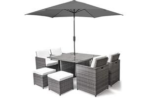 HARTS OUTDOOR FURNITURE Harts Premium Rattan Dining Set, Cube 8 Seats Garden Patio Conservatory Furniture inc & Parasol (Grey)