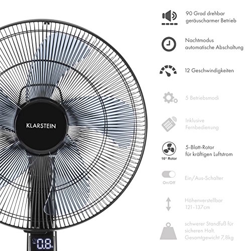 Klarstein • Silent Storm • Ventilator • Standventilator • mit Fernbedienung • leise • 5-Blatt-Rotor • 16″ (41cm) Durchmesser • 5 Betriebsmodi • Drehregler • energiesparend • 35 Watt • 12 Geschwindigkeiten • 12 Stunden-Timer • stabiler Fuß • schwarz - 4