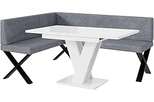 ‎MEBLINI MEBLINI Eckbank für Esszimmer mit ausziehbarem Tisch - Küchenbank - Essecke - Sitzecke Küche - ERIC - X-Beine 128x168x87cm Links - Grau Samt/M Weiß Hochgl.