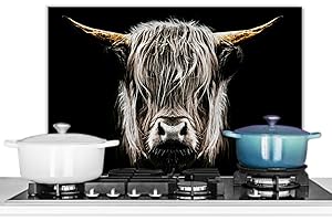 KitchenYeah© Antisalpicaduras Cocina 60x40 cm Protector Salpicaduras Pared Chapa Aluminio Kitchen Panel Vitrocerámica Accesorios Salpicadero Decoración Highlander escocés - Vaca - Animales