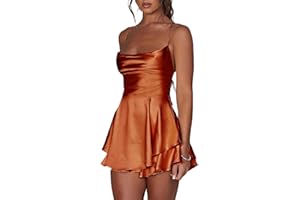 MIOLASAY Kurzer Jumpsuit für Damen, rückenfrei, Satinkleid, sexy Wasserfallausschnitt, kurze Jumpsuits, Krawatte, Rüschen, Spaghettiträger, Minikleid