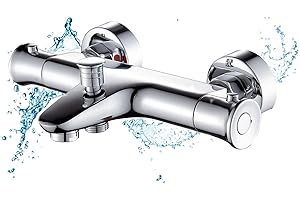 Solepearl Mitigeur Thermostatique Bain Douche en laiton,Robinet Mitigeur Thermostatique Baignoire avec 2 Sorties, 38 °C Bouton de Sécurité Chromé, Robinet Douche Thermostatique pour Salle de Bain