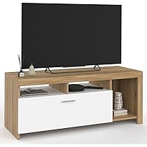Meuble TV MALO 180 Cm En Bois Et Blanc - Avec 2 Placards Et 4 Niches - Plateau Effet Hêtre - Design Contemporain