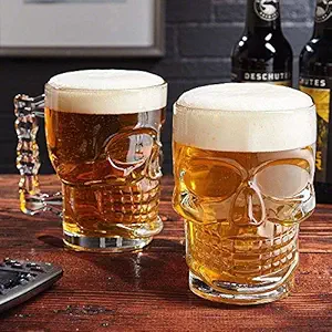 SYANKA Skull Beer Mugs Set of 2, 520 ML, Clear, Halloween Face Shap Design Stylish Big Beer Mug Glass, Large Size, Perfect for Gift