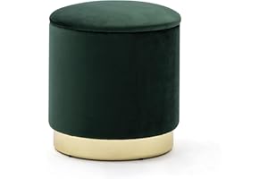 HNNHOME 37cm Round Velvet Ottoman Storage Box with Lid, Pouffe Seat Chair, Living Room Footstool, Bedroom Dressing Stool with Gold Plating Base (Dark Green)
