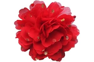 PrettyBoutique Girls Women Chiffon Gold Polka Dots Flower Hair Clip Bobble Brooch Pin (4.8cm Alligator Clip, Red)
