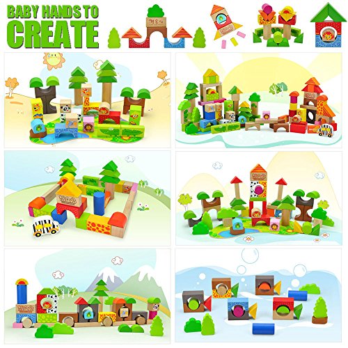 TOP BRIGHT Wooden Building Blocks Set - 100 Blocks Forest Adventure 13 Scene Puzzles Game