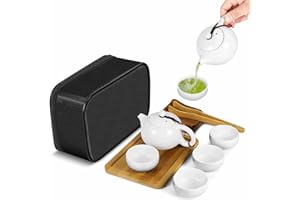 Flexzion Teiera da viaggio portatile cinese giapponese Kungfu Gongfu, teiera da viaggio portatile, teiera in ceramica in porcellana bianca, 4 tazze da tè, Vassoio da tè in bambù, Tappetino da tè,