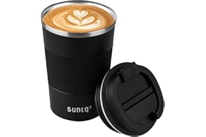 SUNTQ Reusable Coffee Cups Travel - Coffee Travel Mug with Leakproof Lid - Thermal Mug Insulated Cup - Stainless Steel Coffee Travel Cup - for Hot and Cold Drinks (Black with Grip, 13oz/380ml)
