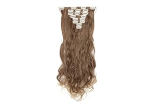 S-NOILITE Extensiones de Cabello Natural Clip in Extensions Cabeza llena 8 Piezas 18 Clips Sintético Resistente al Calor Pedazo de Cabello Rizado ondulado 60cm Castaño & Rubio Ceniza