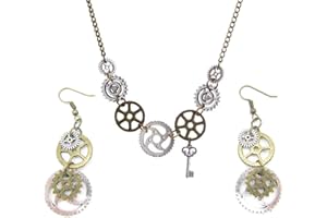JinYu Set di 3 gioielli vintage in oro e argento a ingranaggi Steampunk collana e orecchini, No, Nessuna pietra preziosa