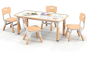 GOPLUS Table Enfant avec 4 Chaises, Réglable en Hauteur, Table a Dessin Enfant avec Plateau à Graffitis, Bureau d'Activité Bebe 18+ Mois pour Chambre d'enfant, Maternelle (Naturel)