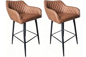 Requena Pair of Bar Stools with Leatherette Upholstered Seat, Armrest & Backrest, Black Metal Legs, for Kitchen and Breakfast Bar (BAR01, Leather-Brown-1)