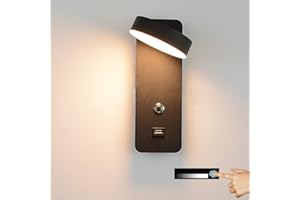 JZCDR Aplique LED Da Parete Interni Classico con Interruttore Lampada Camera Da Letto Muro da Lettura Dimmerabile Lampada Parete Ruotabile USB Port, 9W Luce da Comodino Parete Cameretta Hotel,Nero,3000K
