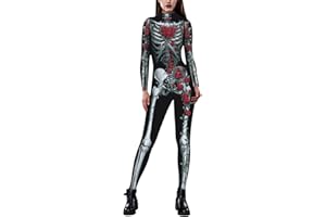 LAEMILIA Combinaison Longue Femme à Imprimé de Squelette Manches Longues Déguisement Halloween Zippé au Dos Moullant Body Cosplay Costume