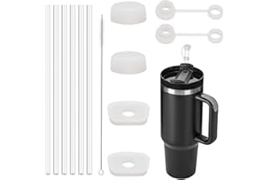 MARFOREVER Ersatz Strohhalme Set, 6 Stück Transparent Hartplastik Strohhalme 31cm Wiederverwendbare Strohhalme Lang Trinkhalme mit Silikon Stopfen Auslaufsicherer für Reisebecher Cup 40oz 30oz