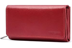 Frentree® Damen Geldbörse aus echtem Nappaleder, großes Leder Portemonnaie mit RFID-Schutz, weiches Echtleder Portmonee, viele Fächer, Rot