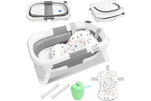 Ikodm Baby Badewanne Faltbare,Babybadewanne mit Thermometer | Badematte | tragbare Wanne für Neugeborene bis Kleinkinder mit rutschfester Matte und Abflussloch -Grau