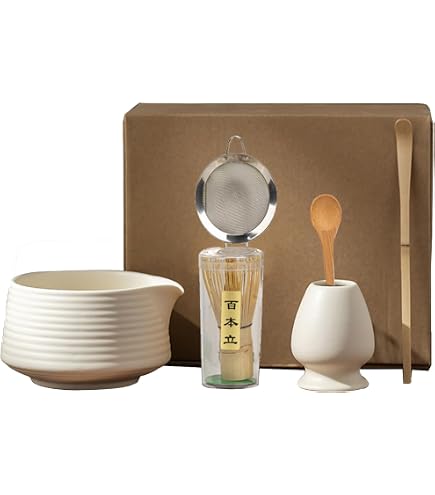 Matcha Set Weiß 5-teilig - Schale Mit Ausgießer, Extra Robuster Matcha Besen, Bambus Löffel, Chasen & Sieb (Elfenbeinweiß)