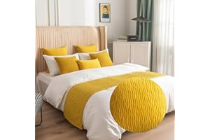 GOFOHIMI Bed Runners and Matching Cushion Cover, Reversible Bed Runners Scarves Hotel Bedding Bed Towel Bedroom Bedspread Protection Home Decoration (45x210cm(Jacquard Bed Runners),mustard yellow)