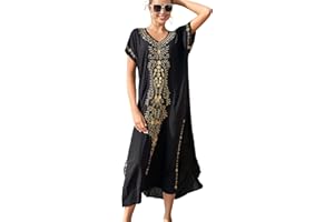 YOUKD Coton D'été Brodé Floral Lâche Caftan Boho Beach Bikini Cover Up Dress Grande Taille Robe pour Les Femmes